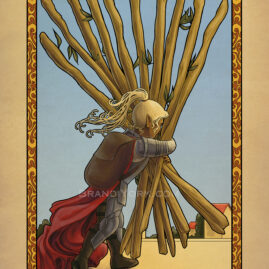 A tarot card depicting a small woman in armor carrying ten large wooden staves toward a village in the distance.
