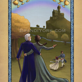A couple stands facing away, looking at a rainbow with ten cups floating in the sky. Past them, two children play, and beyond is a castle on a hilltop.