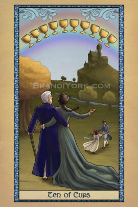 A couple stands facing away, looking at a rainbow with ten cups floating in the sky. Past them, two children play, and beyond is a castle on a hilltop.