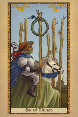 A goblin rides a pony, holding one of six staves in her hand, the top decorated with a laurel wreath.