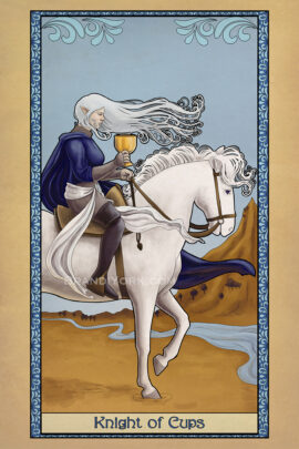 A woman with white flowing hair sits upon a white horse, a cup grasped in her hand. Beyond is a barren land with a river flowing through.