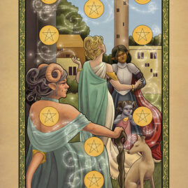 An elderly tiefling sits with her dog, watching a small child look on at a floating pentacle. Two other women stand beyond, chatting, one casting a spell to float the pentacles.