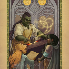 A half-orc hammers a piece of steel on an anvil while two women look on, one holding a piece of parchment in her hands.