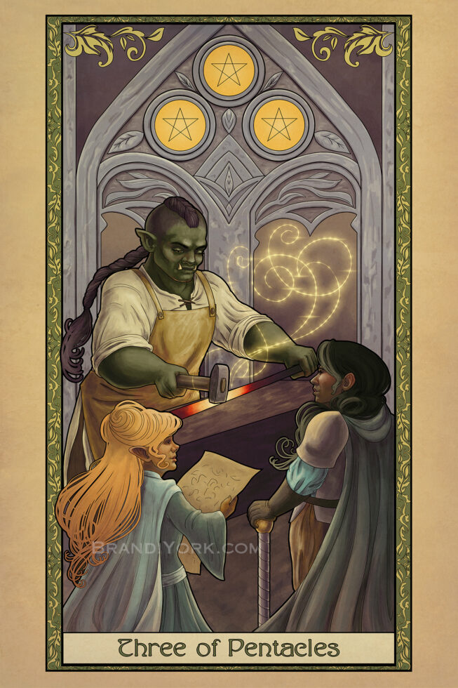A half-orc hammers a piece of steel on an anvil while two women look on, one holding a piece of parchment in her hands.