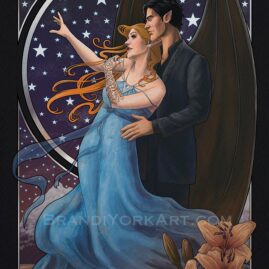 Feyre stands in a long, flowing blue gown, her right arm reaching for the stars. Her left hand grasps Rhys' hand on her shoulder, as he stands behind her, wings tucked in. In the bottom right hand corner are orange lilies, and the stars and mountains of the Night Court fill the background.