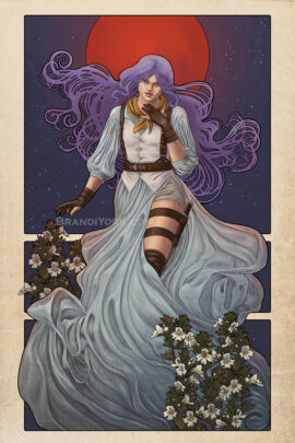 Imogen floats before a red moon. Her hair drifts off, and skirts drape around her legs. Eyebright flowers decorate both sides.