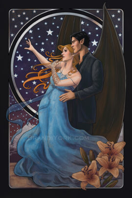 Feyre stands in a long, flowing blue gown, her right arm reaching for the stars. Her left hand grasps Rhys' hand on her shoulder, as he stands behind her, wings tucked in. In the bottom right hand corner are orange lilies, and the stars and mountains of the Night Court fill the background.