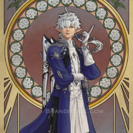 Alphinaud stands with his hand raised, a finger pointed up as he glances off to the side. Behind him, the colors fade from blue to red and back, two flowers adorning his frame - above, white zinnias for goodness, and geraniums for folly.