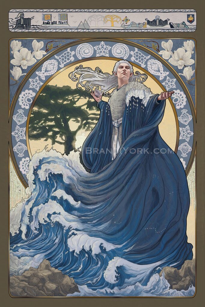 An art nouveau inspired piece featuring a cosplayer dressed as Ulmo, Lord of the Waters, holding out his hand. His robe cascades down, turning into waves. In the background are several motifs based on the cosplayer's build.