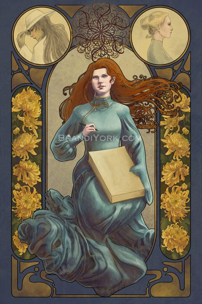 Shallan Davar from the Stormlight Archive, drawn after the art nouveau style. She is sitting, wearing a teal gown that shifts colors in the draping at her feet. Her red hair flares out behind her in art nouveau curls. She has a large sketch pad in her lap with two faint sword sketches on the paper. Her right hand is up with a pen in hand. She's looking up toward her spren Pattern above, who is represented in a complex, curving, repeating pattern. There are two circles in the frame above her to each side. One has a sketch of Veil, the other has a sketch of Radiant. To either side of her are yellow Chinese Chrysanthemums and other decorative shapes as a frame.