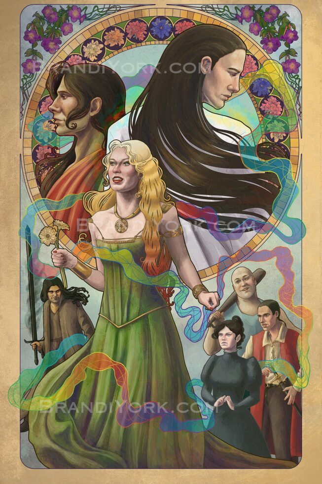 A bright, colorful art nouveau styled piece featuring multiple characters from the book "Warbreaker." The dominant figure is Siri, in a green gown and stylized jewelry. Her hair is changing colors from pale blonde to gold to red. She holds two gerbera daisies in her hand. Above her in the circle of the frame are Lightsong and Susebron, facing away from each other. Lightsong has a small smile and his hair flows out around him and down over red robes. Susebron is in white, with a rainbow shimmer radiating off his shoulders. His dark hair blocks most of his back, sweeping toward the edge of the frame. In the lower portion of the frame, to the left of Siri, is Vasher, brandishing Nightblood, which is smoking. Vasher looks across Siri to the other three figures to Siri's right - Vivenna, Denth, and Tonk Fah. Vivenna stands in front, looking prim in her dark gray dress with a high collar. Her black hair is pulled up into a bun with loose strands. Behind her in a long red vest is Denth, his hand resting over his sword. He is grinning slightly. Behind him, towering over both is Tonk Fah, his cudgel up over his shoulder and a broad, carefree grin on his face. Throughout, a rainbow smoke travels, representing Breath, the main magic source in the book. The frame features flowers in the upper corners and in smaller circles within the circular part of the frame.
