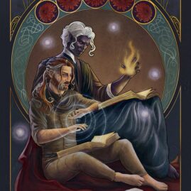 Caleb and Essek sit beside each other, facing toward the right side of the image. Each has a book in their lap, Essek with a flame in his raised left hand, Caleb hovering his right hand over his book, a swirl of glowing lines around his hand. There are five globes of light illuminating the scene. Near Caleb's bare feet, an orange and a white cat lay curled, sleeping. Behind them is an intricate frame with intricate designs. Above their heads are five circles with red Chrysanthemums. In the upper corners of the frame, stalks of lavender stand within the gold frame.