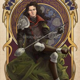 Sir Julien Davinos sits crossed legged within a detailed art nouveau frame, looking off to the side. He holds his sword up at an angle, the fingers of his gauntlet touching the blade of his rapier. His green cloak pools at his feet. Behind him, within the gold detailed frame, is a mosaic of butterflies and apples. Above his head is a frame of monkshood flowers. Four borage flowers cap the upper corners of the frame.