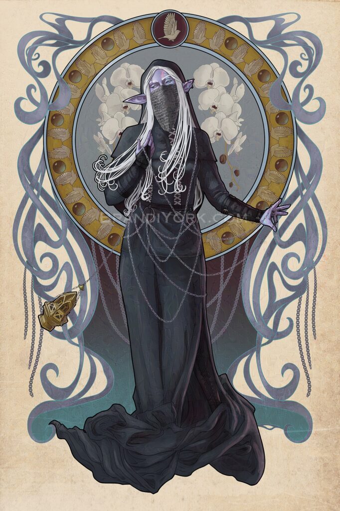 Vaelus from Campaign 4 of Critical Role. She stands before an elaborate frame of circles and swirls of smoke. She glances down to her right, toward the censer swinging beside her. Her right hand is lifted while her left hand is out to the side, the chain of the censer passing through both hands. In the frame behind her, white orchids frame her face. In the circle are alternating nightingales in flight and a dark red jewel, with a crowning medallion of a nightingale in flight.