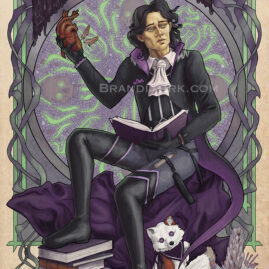 Occtis, a necromancer, sits with one foot propped up on a stack of books. He holds the book from his hip holster in one hand in his lap. His other arm is raised with a heart held in his hand, two brown feathers floating away from the heart. Pincushion sits beside his foot, a paw raised to bat at Occtis' tailcoat. Next to Pincusion is an Asphodel flower, which means my regrets follow you to the grave. Behind is an intricate art nouveau frame.
