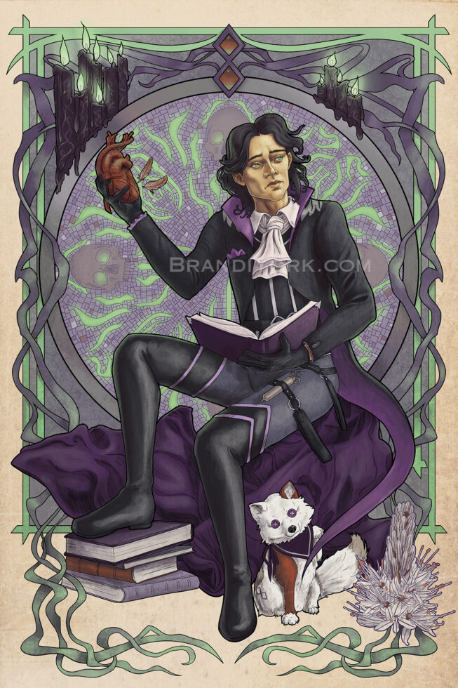 Occtis, a necromancer, sits with one foot propped up on a stack of books. He holds the book from his hip holster in one hand in his lap. His other arm is raised with a heart held in his hand, two brown feathers floating away from the heart. Pincushion sits beside his foot, a paw raised to bat at Occtis' tailcoat. Next to Pincusion is an Asphodel flower, which means my regrets follow you to the grave. Behind is an intricate art nouveau frame.