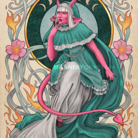 Tyranny sits before a dark green ring, the moon phases within the ring behind her horns. Her left hand is raised to her lips, her right hand holding out flowing fabric. One leg is raised up, a hoof peeking out from the folds of fabric as her tail circles around her legs. Behind is a frame of smoke and flames with dog roses and a candle burning at the top center, above the moons and her horns.