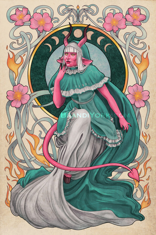 Tyranny sits before a dark green ring, the moon phases within the ring behind her horns. Her left hand is raised to her lips, her right hand holding out flowing fabric. One leg is raised up, a hoof peeking out from the folds of fabric as her tail circles around her legs. Behind is a frame of smoke and flames with dog roses and a candle burning at the top center, above the moons and her horns.