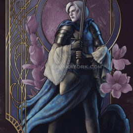 A tall pale woman with white hair stands with her legs spread apart. Her body faces left while her head looks to the right. In her hands is a raised longsword, pointed upwards. She wears a breastplate and shoulder armor, with long white billowing sleeves. Long blue velvet drapes from her waist and back, circling around her legs. The frame behind is decorative with a large circle behind her head, shattered glass with light reflecting the edges. Magnolias surround behind her.