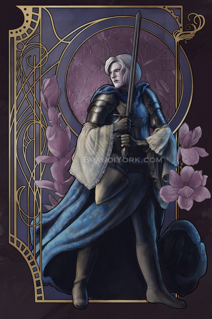 A tall pale woman with white hair stands with her legs spread apart. Her body faces left while her head looks to the right. In her hands is a raised longsword, pointed upwards. She wears a breastplate and shoulder armor, with long white billowing sleeves. Long blue velvet drapes from her waist and back, circling around her legs. The frame behind is decorative with a large circle behind her head, shattered glass with light reflecting the edges. Magnolias surround behind her.
