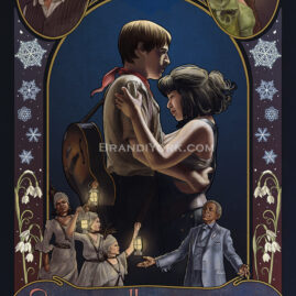 A Hadestown art nouveau piece. In the center, Orpheus and Eurydice standing holding onto each other. Below them, the Fates stand with their lanterns held high next to Hermes with his arms outstretched. Above the main frame are two smaller oval frames featuring Hades and Persephone with a red carnation in between. On the sides of the main frame, decorative snowflakes fall down onto snowdrop flowers. At the bottom is another frame with the words "Spring will come again," with blooming freesia flowers.