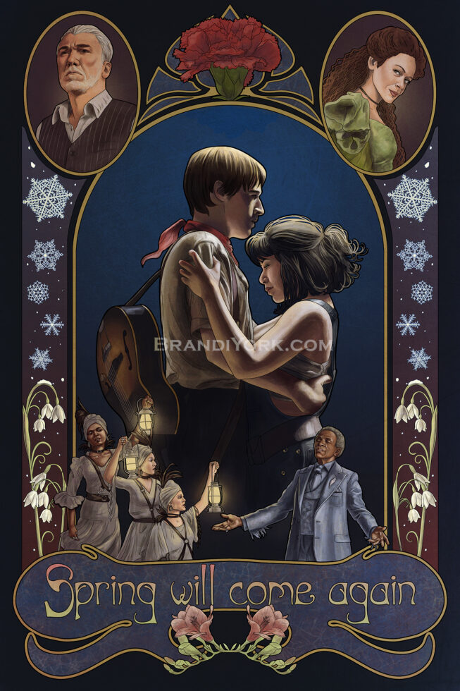 A Hadestown art nouveau piece. In the center, Orpheus and Eurydice standing holding onto each other. Below them, the Fates stand with their lanterns held high next to Hermes with his arms outstretched. Above the main frame are two smaller oval frames featuring Hades and Persephone with a red carnation in between. On the sides of the main frame, decorative snowflakes fall down onto snowdrop flowers. At the bottom is another frame with the words "Spring will come again," with blooming freesia flowers.
